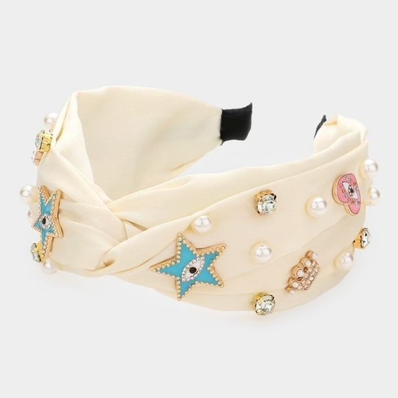 NWT Ivory Pearl Evil Eye Star Heart Crown Embellished Twisted Headband - Picture 1 of 9